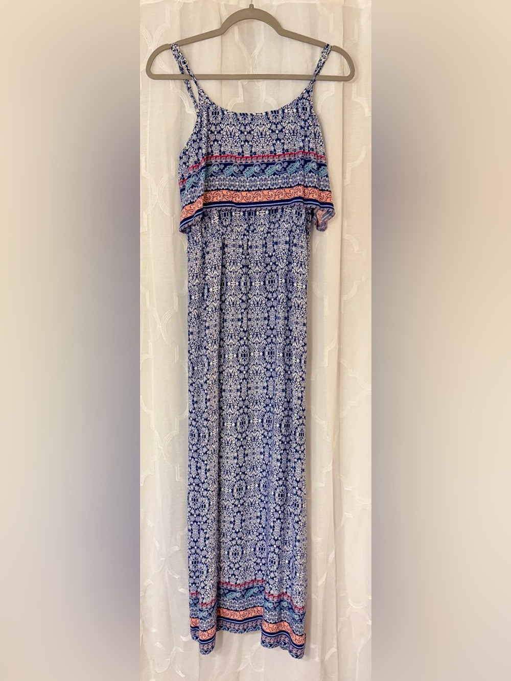 Pink Rose Medium Blue Boho Print Tiered Overlay Maxi Sundress
